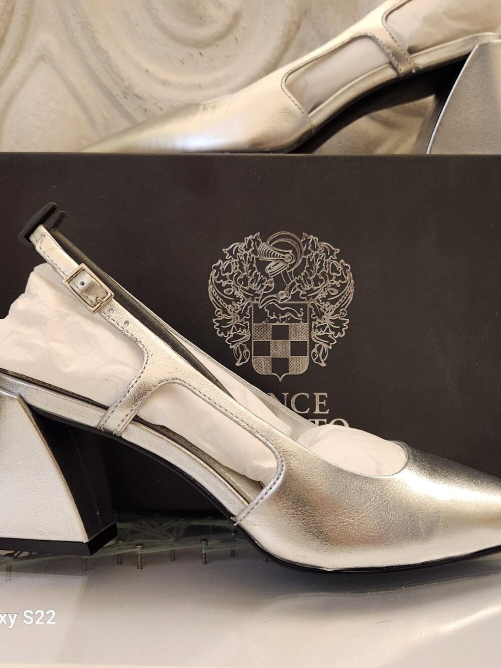 Vince Camuto Leather " Sindree" Silver Napa Heeled Slingbacks. NIB.